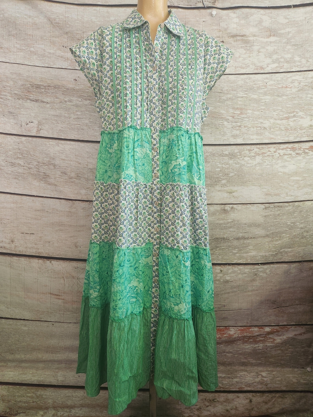 April Cornell Mint and Emerald Tiered Button-Front Maxi Dress